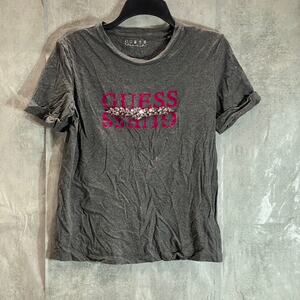 GUESS Women's Charcoal Rhinestone Embellished Crewneck Short Sleeve Tee SZ M